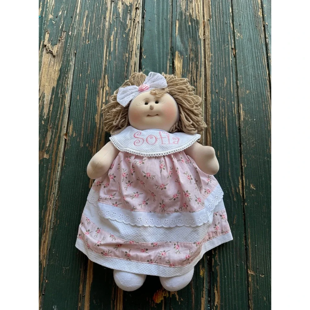 Handmade Sofia Personalized Rag Doll Pink Floral Dress Lace‎ Trim Plush 15 Inch
